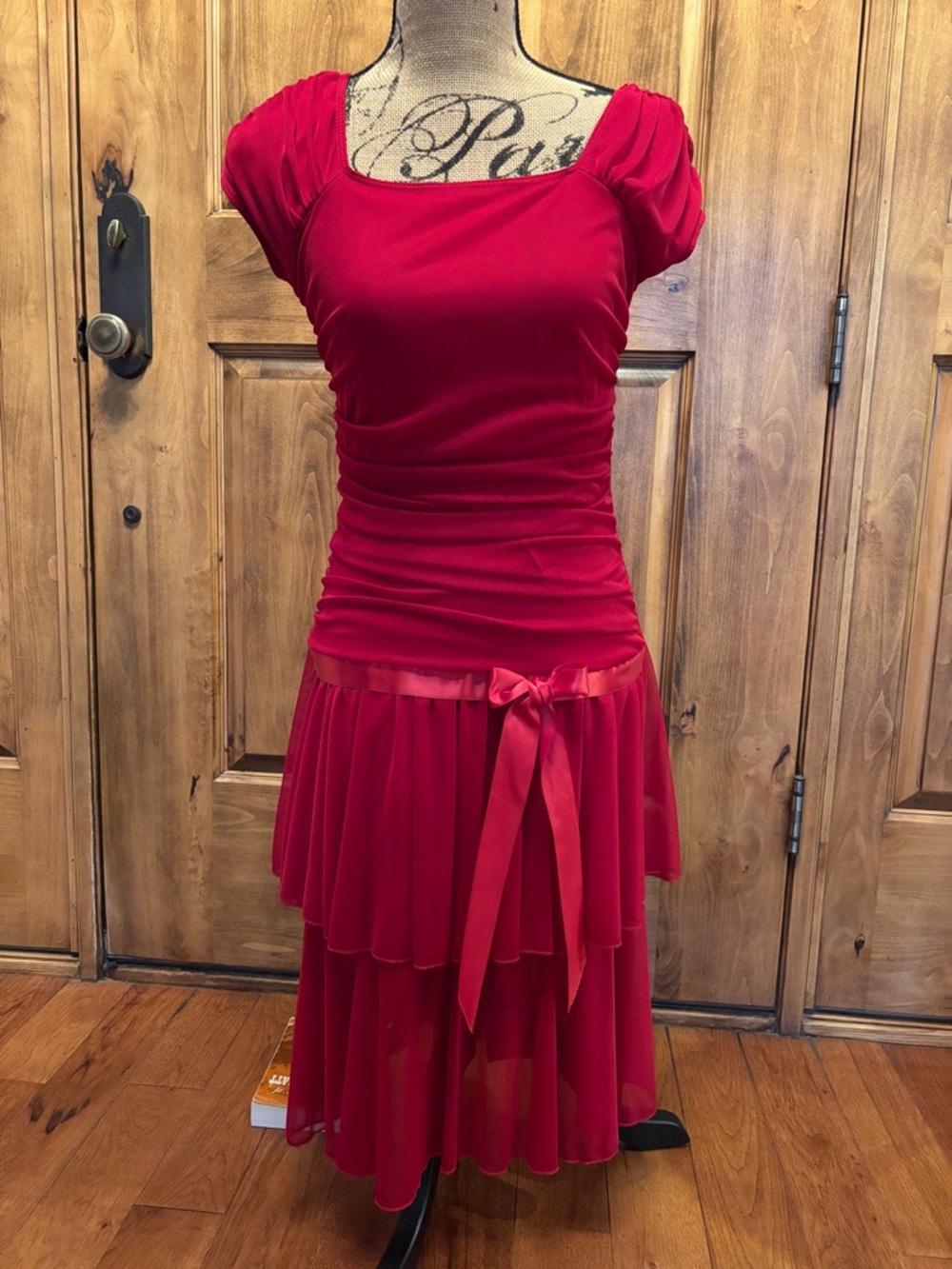 Women's Red Layered Midi Dress with Satin Bow